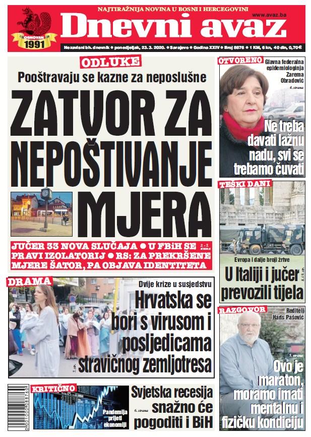 Naslovna strana "Dnevnog avaza" za 23.03.2020. - Avaz