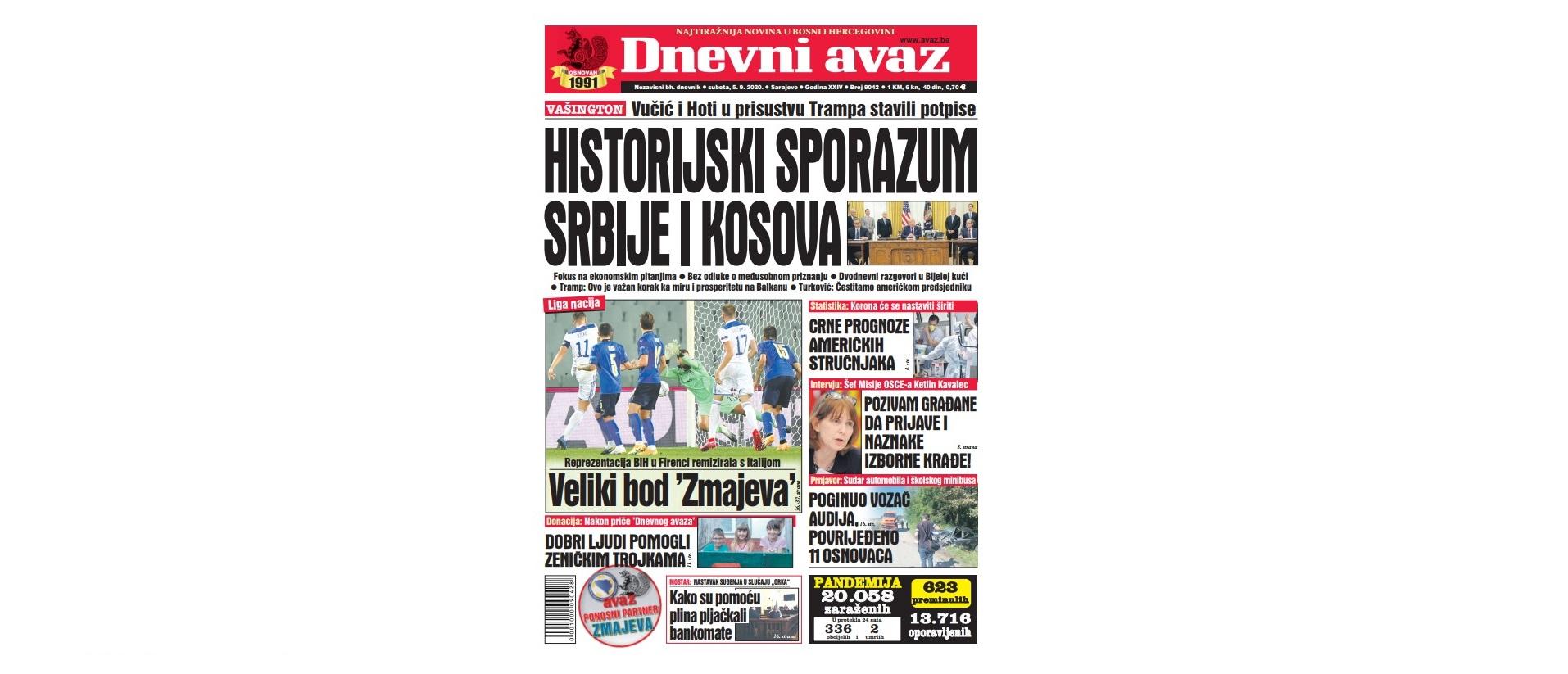 Danas u "Dnevnom avazu" čitajte: Historijski sporazum Srbije i Kosova