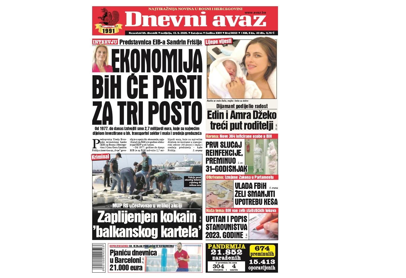 Danas u "Dnevnom avazu" čitajte: Ekonomija BiH će pasti za tri posto