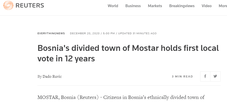 Reuters o izborima: Podijeljeni grad Mostar u Bosni održava prvo lokalno glasanje u posljednjih 12 godina