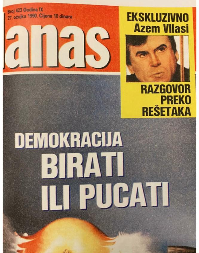 Front page of "Danas" publishedd on March 27th, 1990: Interview with Azem Vlasi was a world exclusive - Avaz