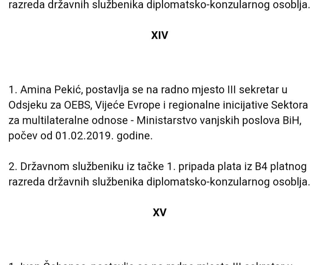 Faksimil odluke o imenovanju Amine Pekić objavljen u Službenom listu BiH - Avaz