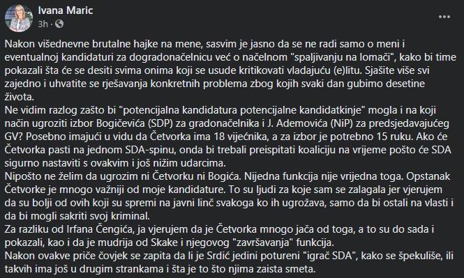 Objava Ivane Marić na Facebooku - Avaz