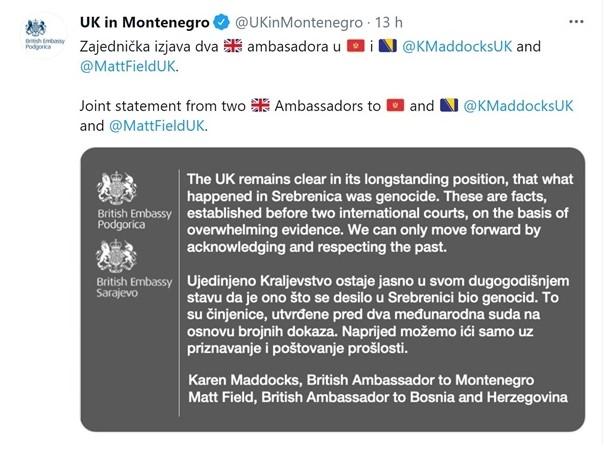 Zajednička poruka ambasadora Velike Britanije u Bosni i Hercegovini i Crnoj Gori - Avaz