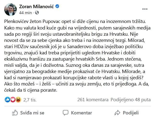 Milanovićeva objava na Facebooku - Avaz