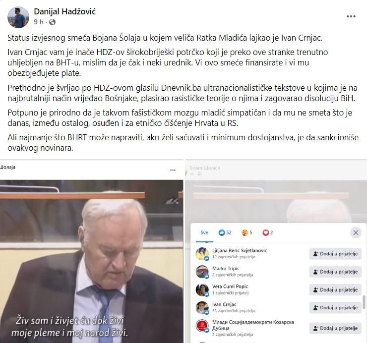 Objava Hadžovića na Facebooku - Avaz
