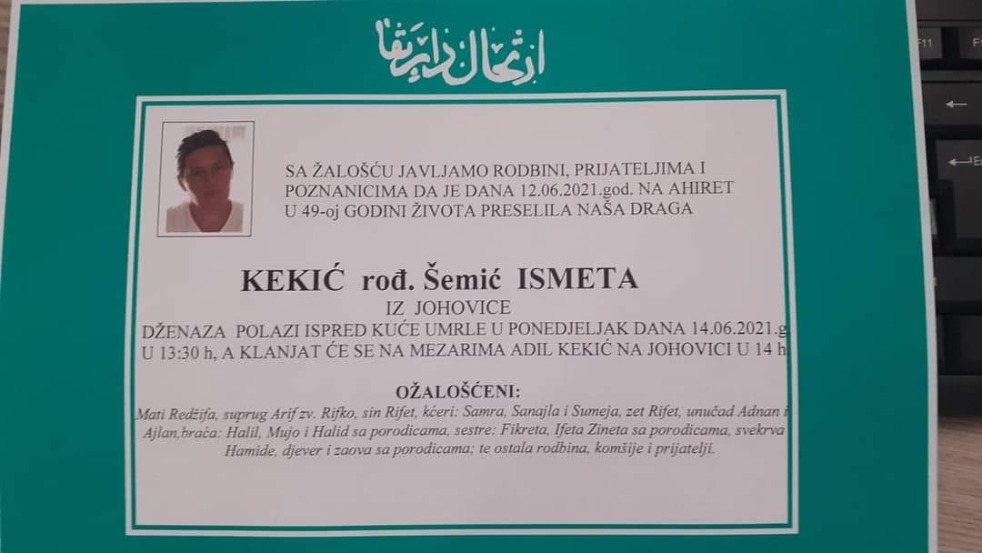 Sutra dženaza Ismeti Kekić koju je ubio zet Nurfet Kudić