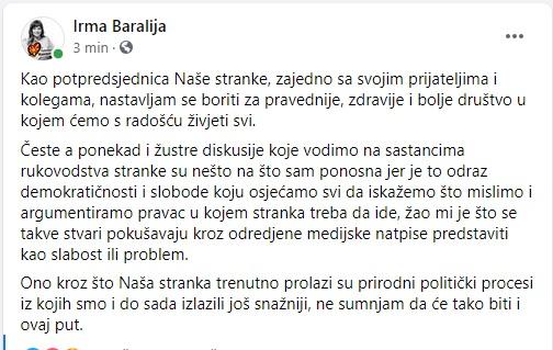 FB status Irme Baralije - Avaz