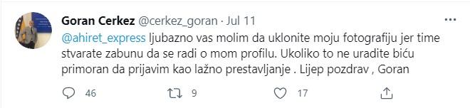 Objava Gorana Čerkeza - Avaz