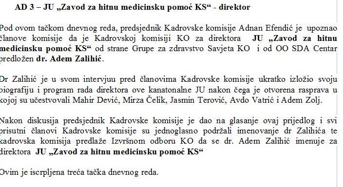 Zapisnik sjednice Kadrovske komisije Kantonalnog odbora SDA - Avaz