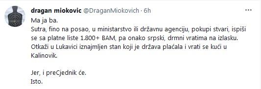Mikovićev status na Twitteru - Avaz