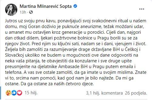 Objava ambasadorice Mlinarević na Facebooku - Avaz