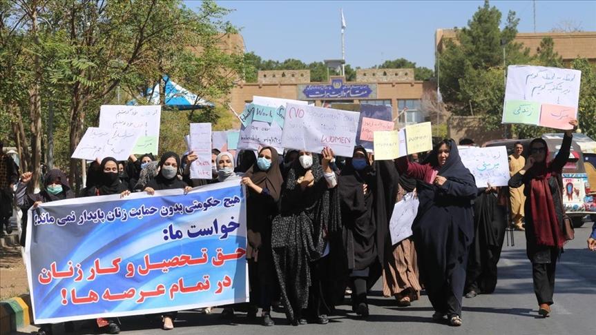 A group of women holding banners gather to stage a demonstration for their rights in Herat, Afghanistan on September 02, 2021. - Avaz