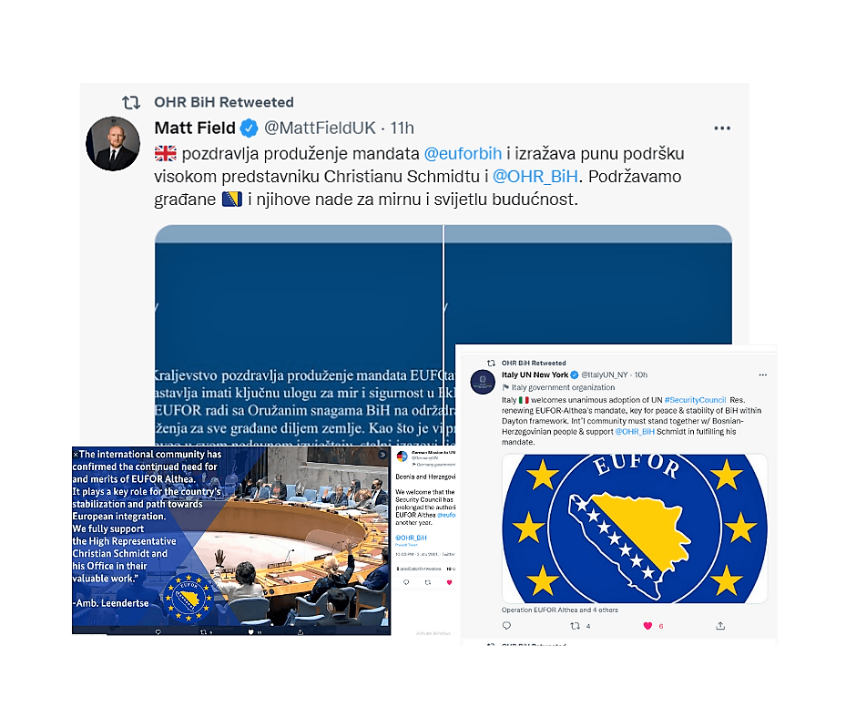 Mandati EUFOR-a i visokog predstavnika u BiH su pred značajnim izazovom. Od vitalnog je značaja za očuvanje mira i sigurnosti. Puna podrška Ujedinjenog Kraljevstva visokom predstavniku, naveo je ambasador Matt Field u svom tweetu - Avaz