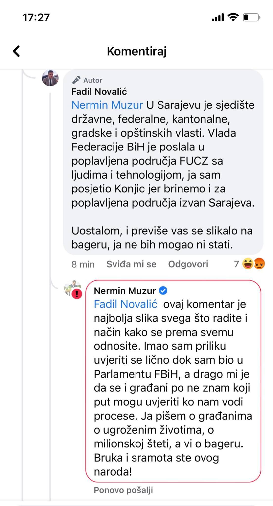 Odgovor premijera FBiH Novalića, te komentar načelnika općine Ilidža Muzura u kojem se vidi da je blokiran - Avaz
