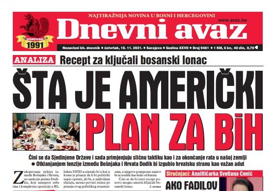Danas u "Dnevnom avazu" čitajte: Šta je američki plan za BiH