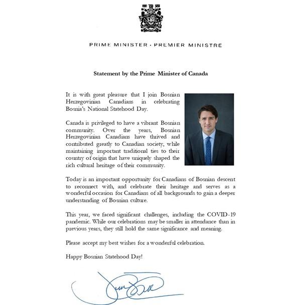 Čestitka premijera Kanade - Avaz