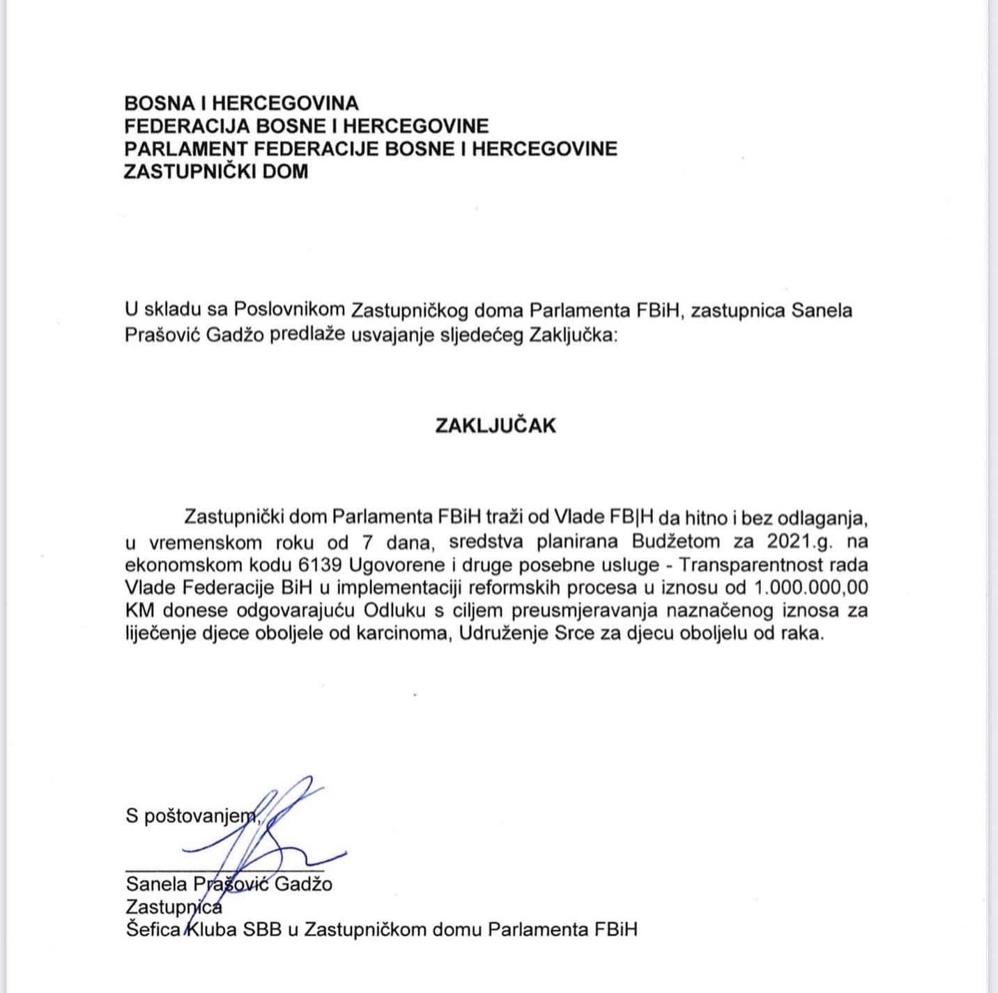 Zaključak koji je predložila Prašović-Gadžo - Avaz