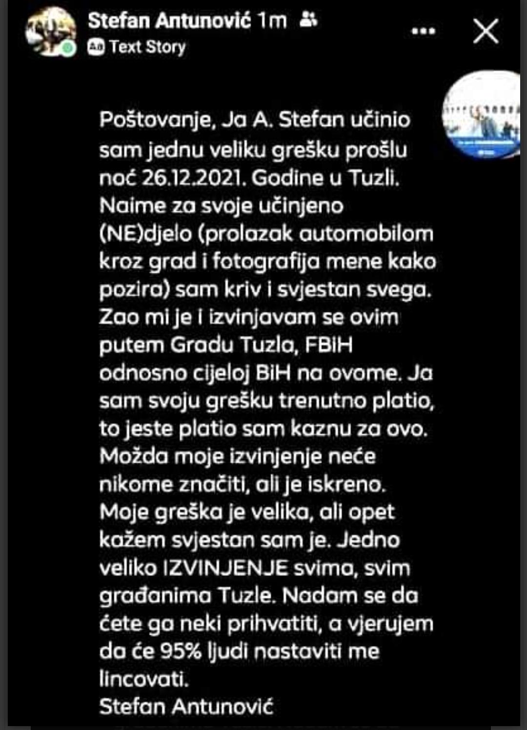 Objava Stefana Antunovića - Avaz