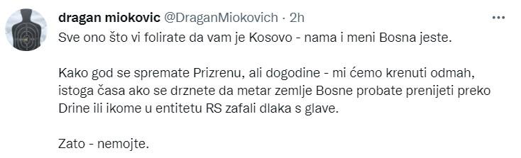 Objava Miokovića na Twitteru - Avaz