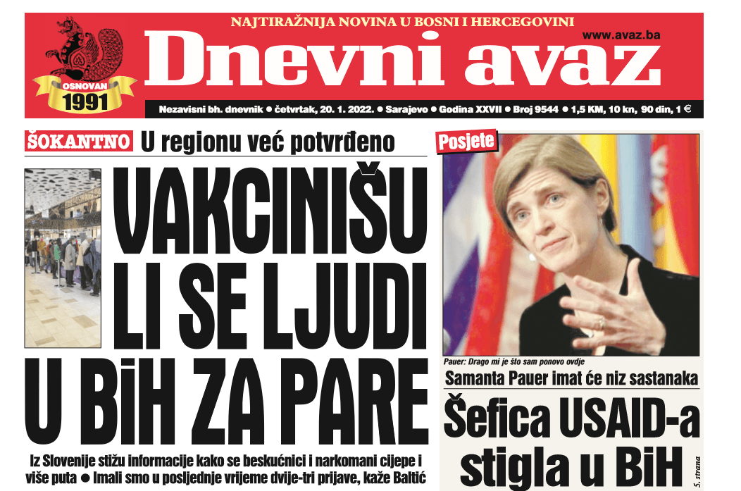 Danas u "Dnevnom avazu" čitajte: Vakcinišu li se ljudi u BiH za pare