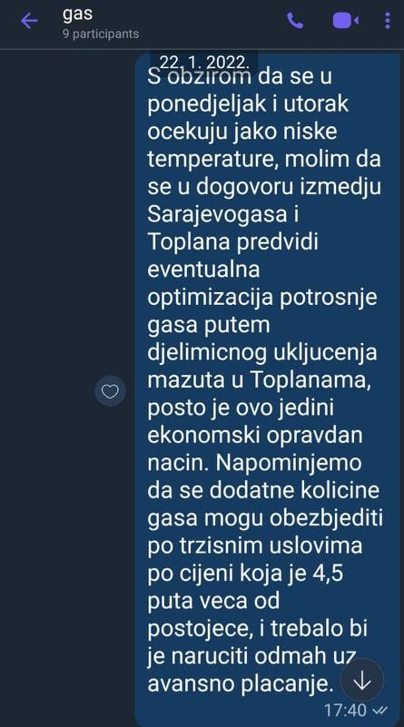 Poruka koja je službenik "Energoinvesta" poslao 22.januara "Sarajevogasu" - Avaz