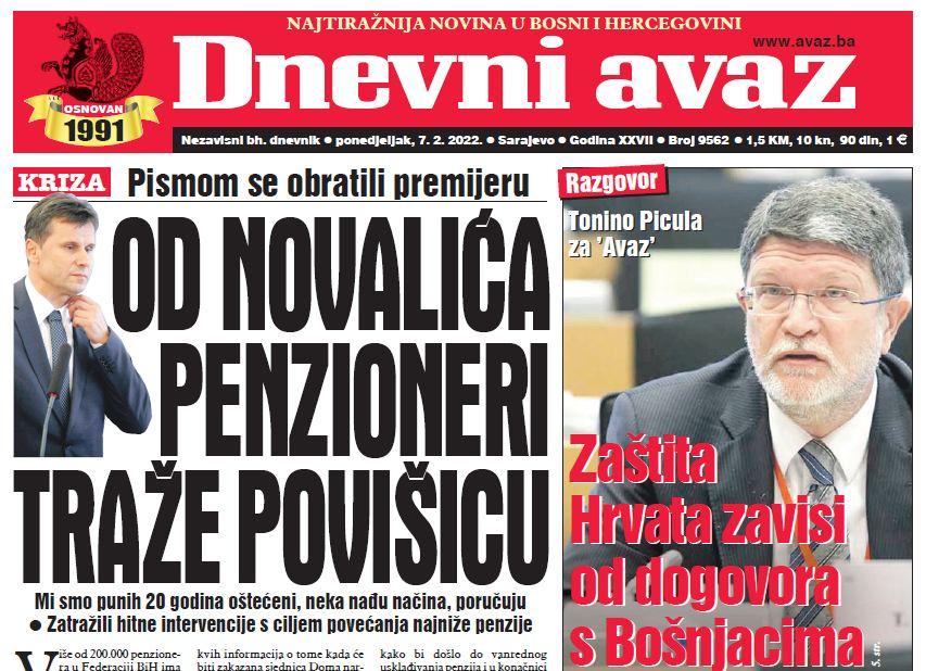 Danas u "Dnevnom avazu" čitajte: Od Novalića penzioneri traže povišicu