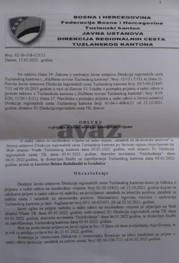 Odluka o prijemu u radni odnos na neodređeno vrijeme Belme Rašidkadić, sestre Lejle Vuković - Avaz