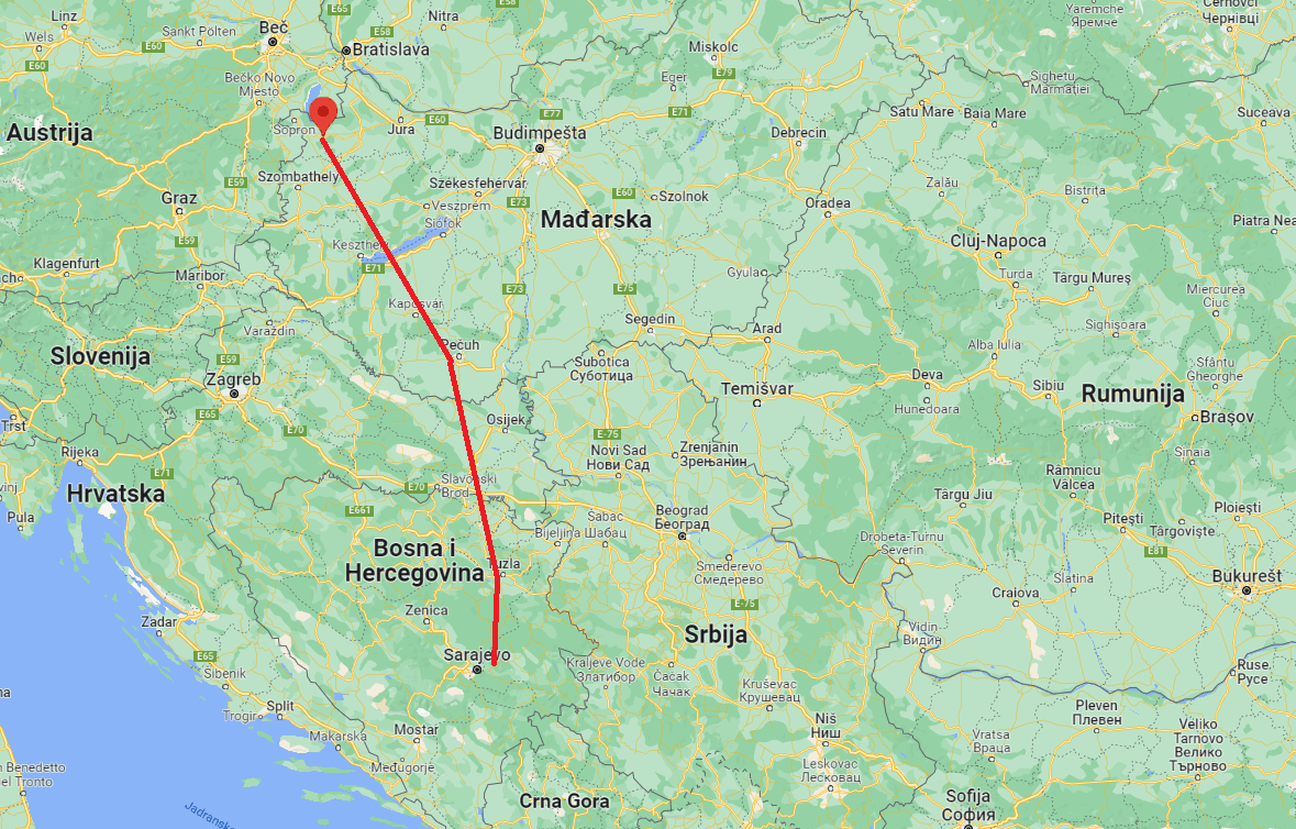 Crvenom linijom označena putanja aviona VL3 - Avaz