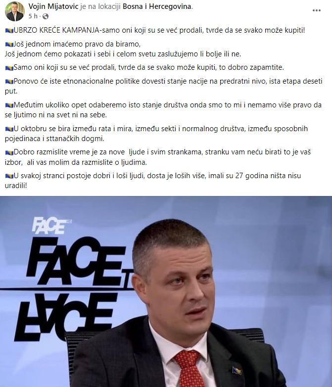 Objava Mijatovića na Facebooku - Avaz
