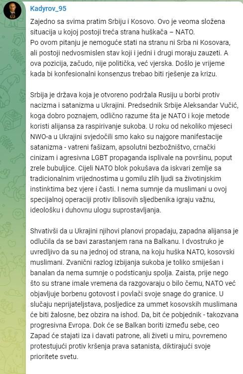 Objava Kadirova na Telegramu - Avaz