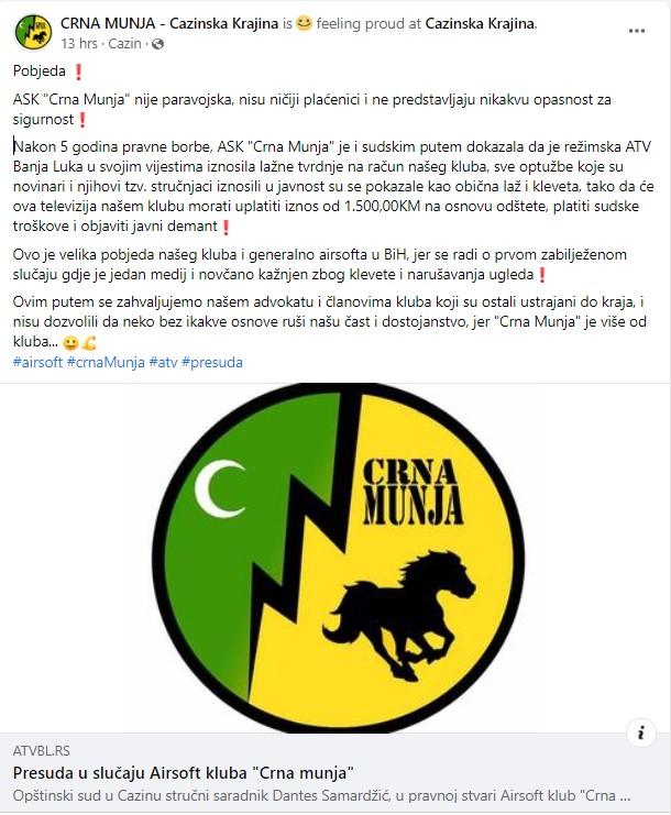Objava ASK "Crna Munja" na Facebooku - Avaz