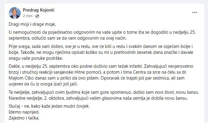 Facebook status Kojovića - Avaz