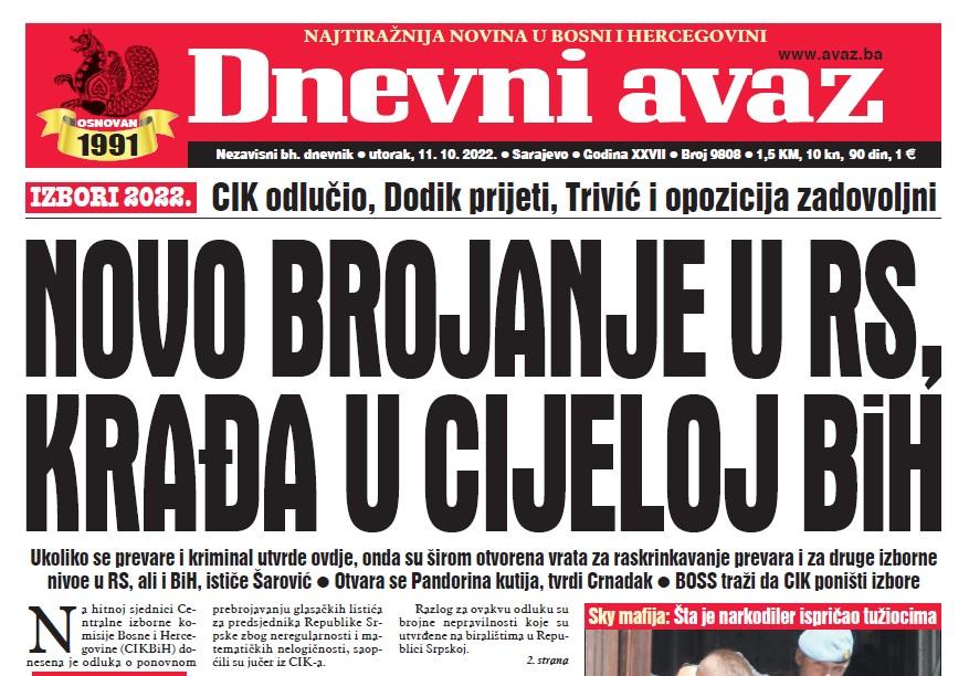 Danas u "Dnevnom avazu" čitajte: Novo brojanje u RS, krađa u cijeloj BiH