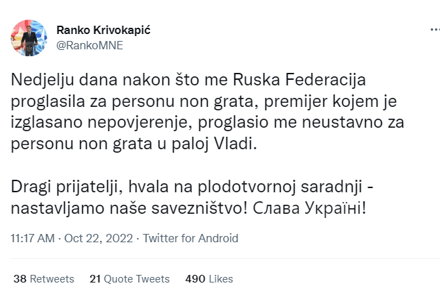 Tvit Ranka Krivokapića - Avaz