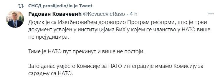 Objava Kovačevića na Twitteru - Avaz