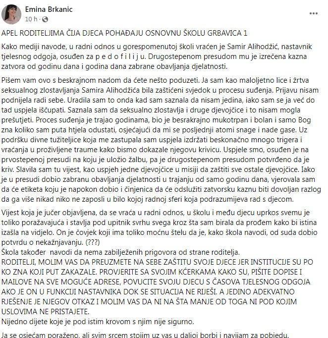 Facebook status Emine Brkanić - Avaz