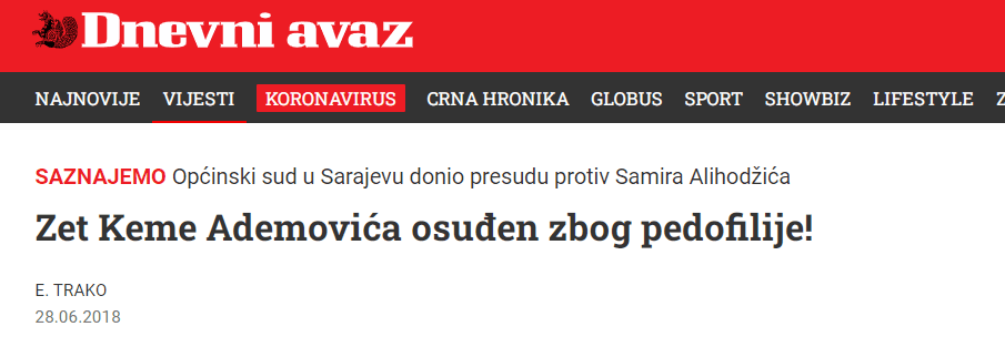 U junu 2018. godine naš portal objavio je da je Alihodžić osuđen - Avaz