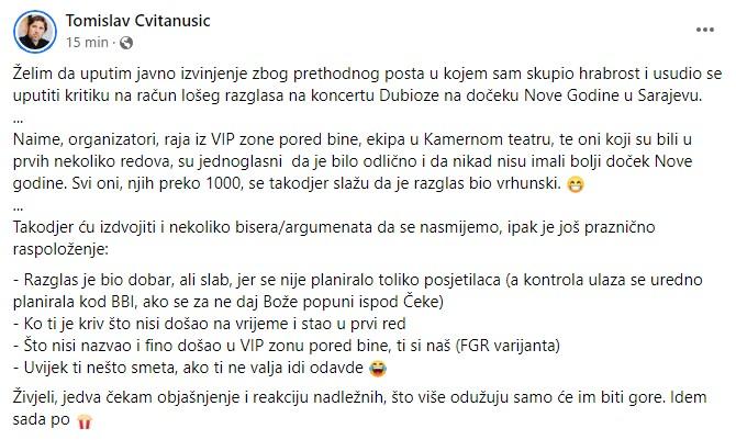 Objava Cvitanušića na Facebooku - Avaz