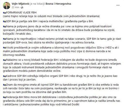 Objava Mijatovića na Facebooku  - Avaz
