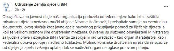 Objava Udruženja Zemlja djece u BiH na Facebooku - Avaz