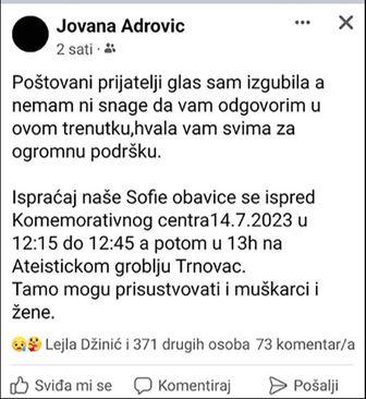 Objava Jovane Adrović na Facebooku - Avaz