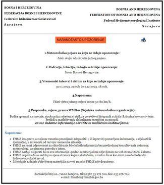 FHMZ izdao narandžasto upozorenje - Avaz