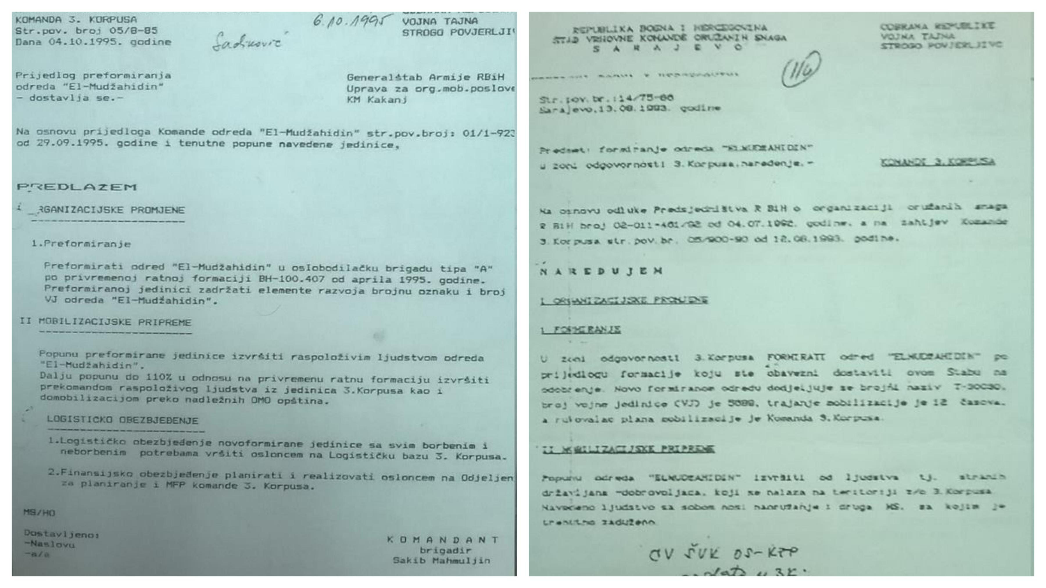 Faksimili naredbi o formiranju odreda „El Mudžahid“ iz 1993. te o njegovoj reorganizaciji iz 1995. godine - Avaz