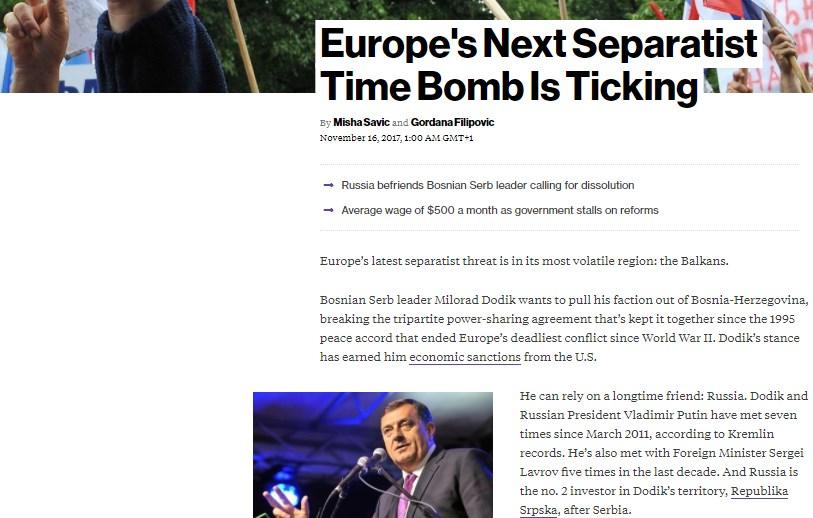 Agencija Bloomberg o situaciji u BiH: Najnovija evropska separatistička prijetnja je na Balkanu