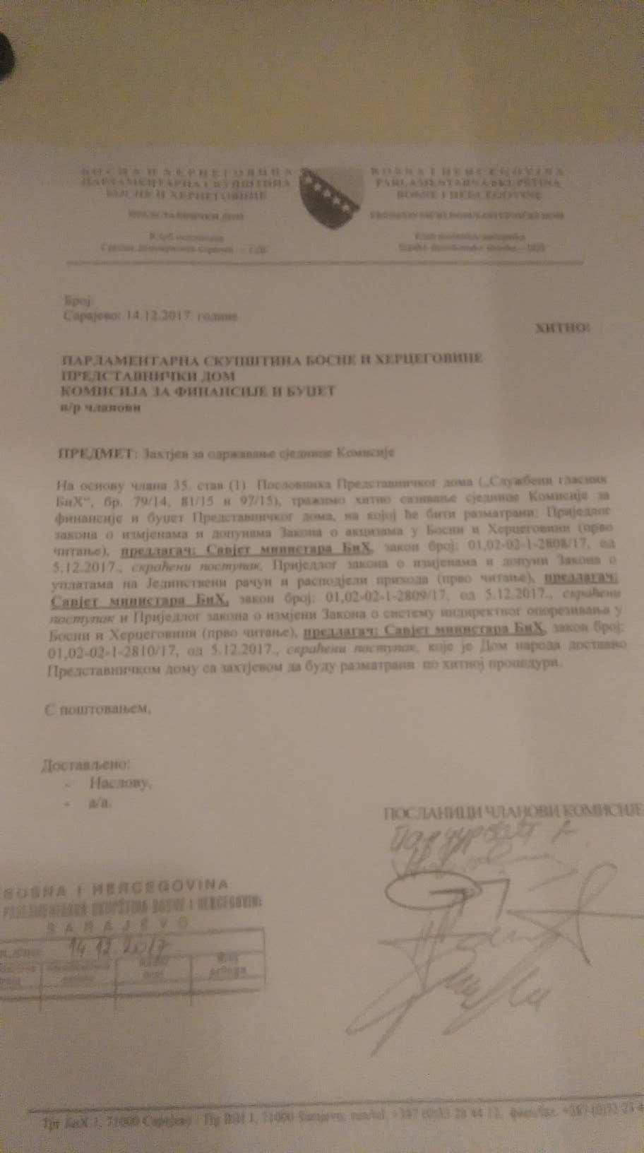 Faksimil zahtjev upućen na memorandum Kluba poslanika SDS-a - Avaz