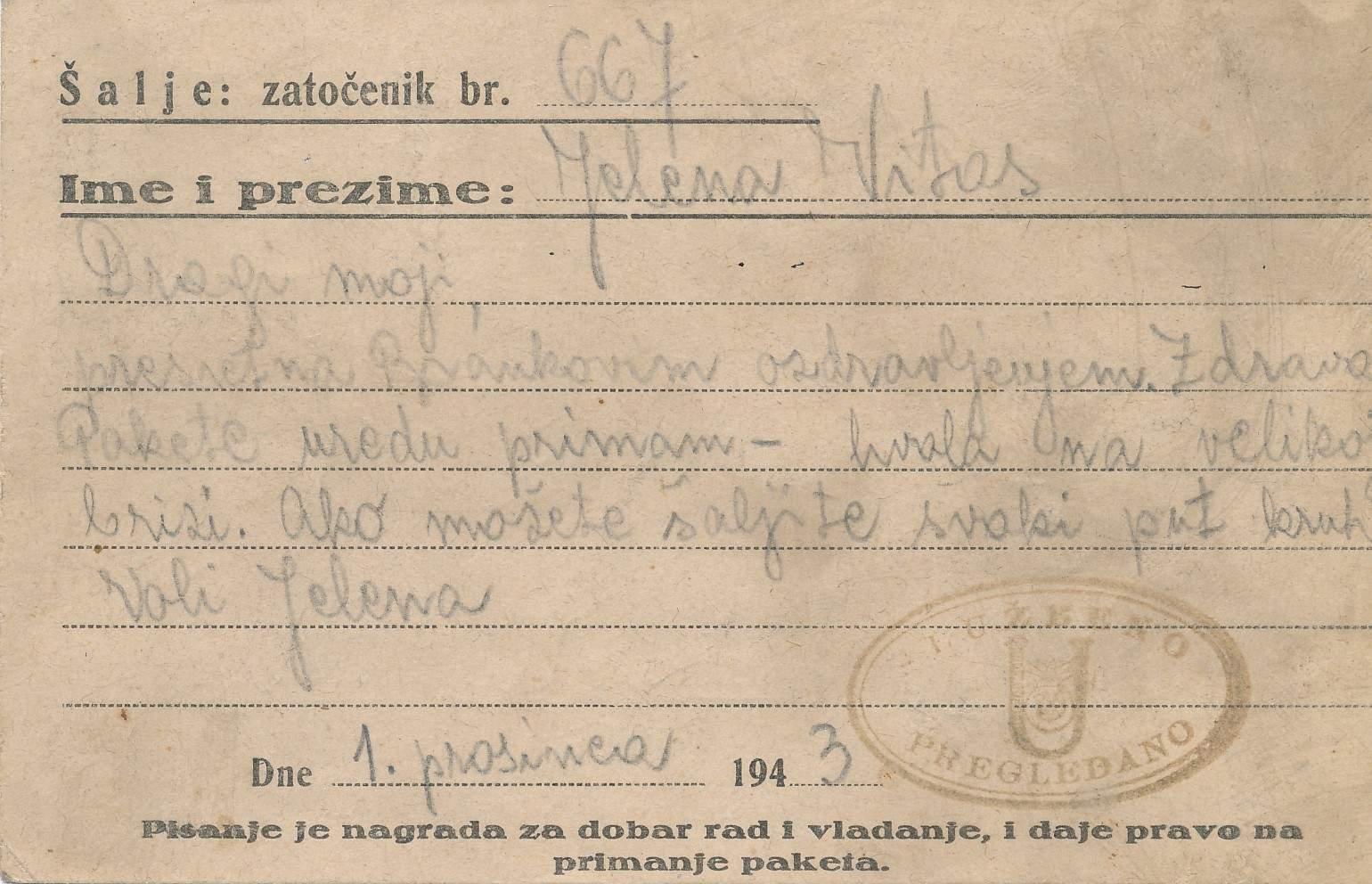 Jelenino pismo porodici iz Jasenovca u decembru 1943.: Zatočena i mučena u logoru, a piše da je sretna zbog bratovog ozdravljenja - Avaz