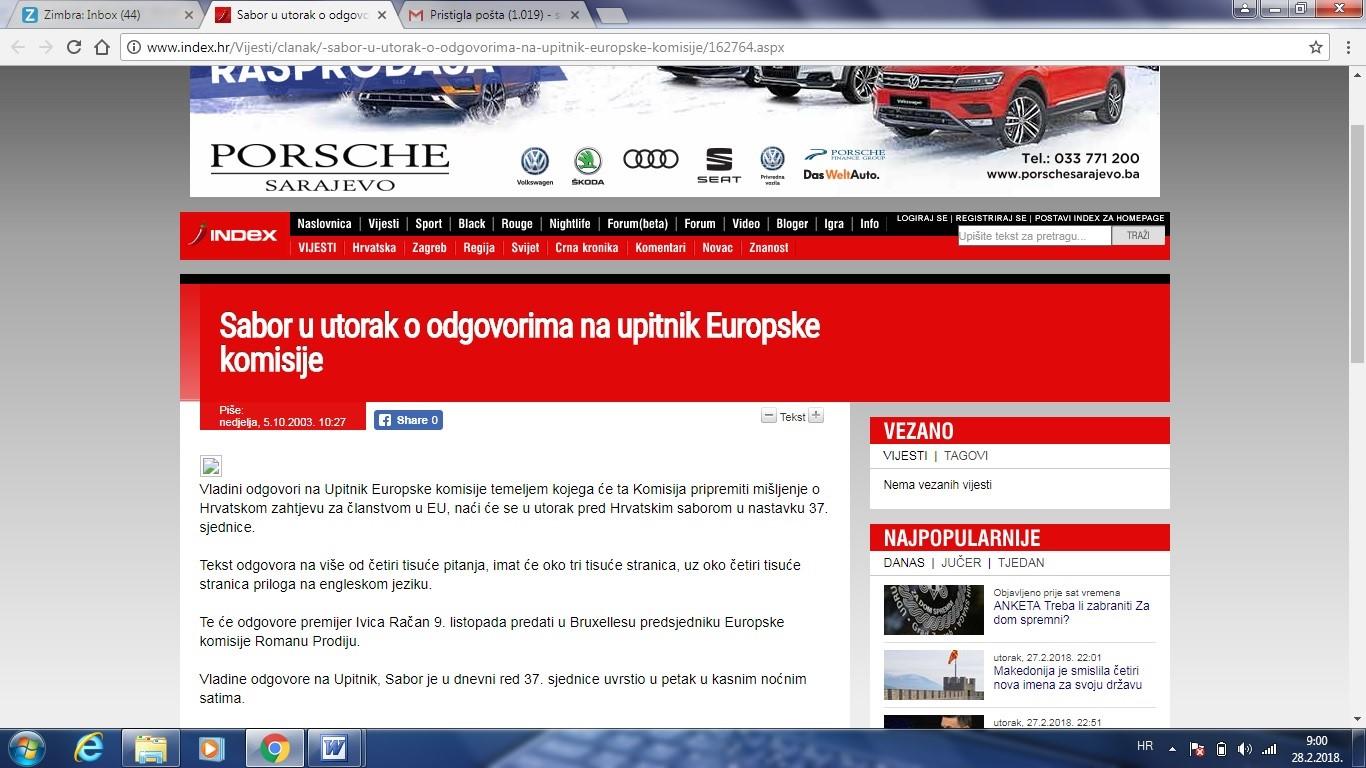 Faksimil medijskih izvještaja u Hrvatskoj da je Sabor razmatrao njihove odgovore na Upitnik - Avaz