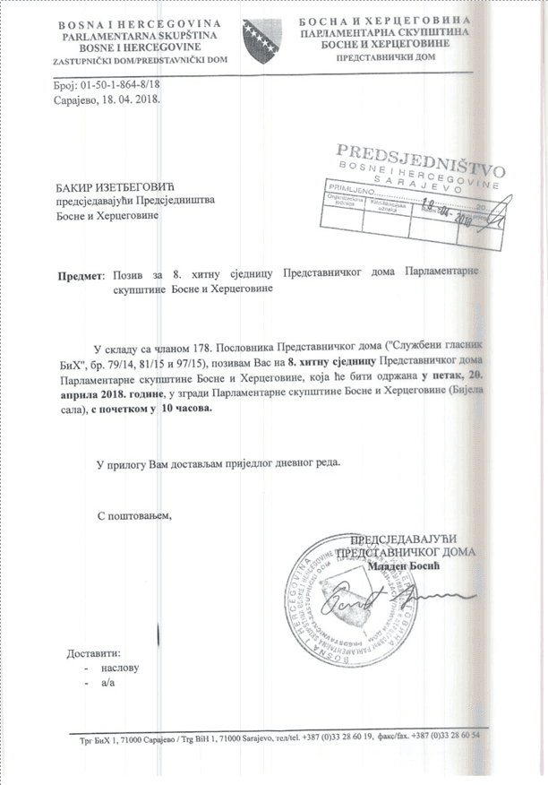 Bosić medijima dostavio dokaz da je Predsjedništvo BiH pozvano na sjednicu
