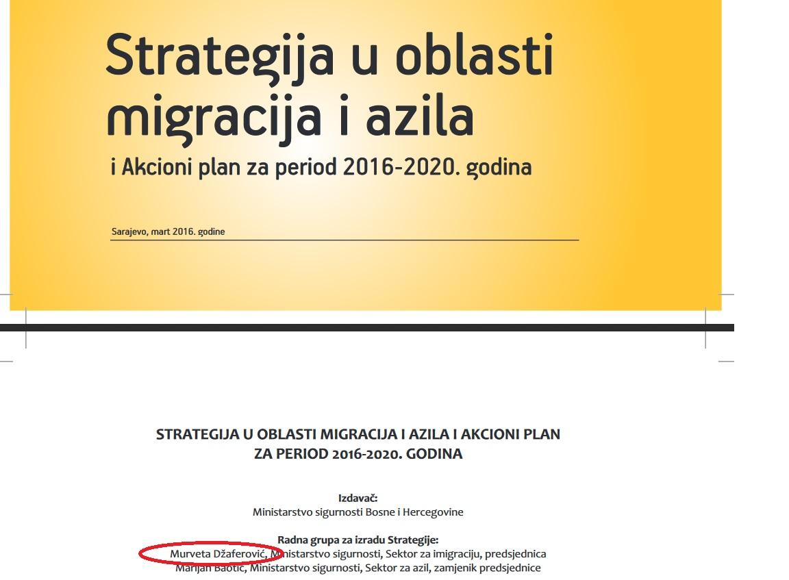 Faksimil Strategije u oblasti migracija i azila i Akcionog plana 2016.-2020., na čijoj je izradi radila Šefikova snaha - Avaz
